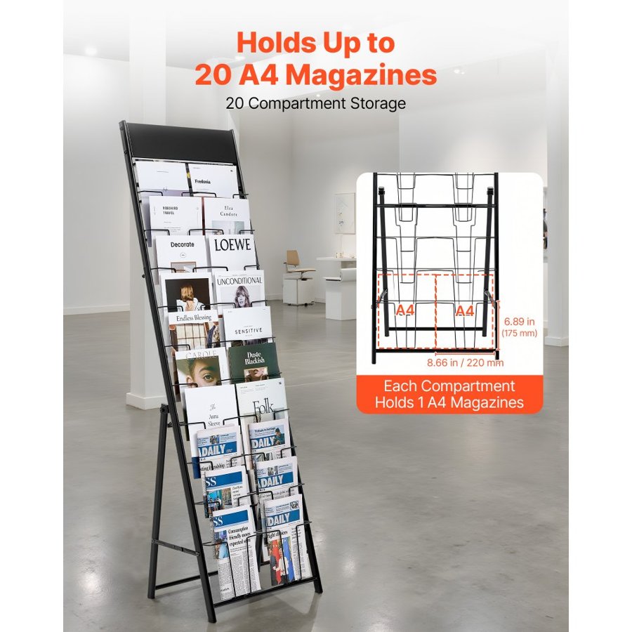 VEVOR Black Brochure Holder – 20 Pockets, 1 A4, 2 LBS
