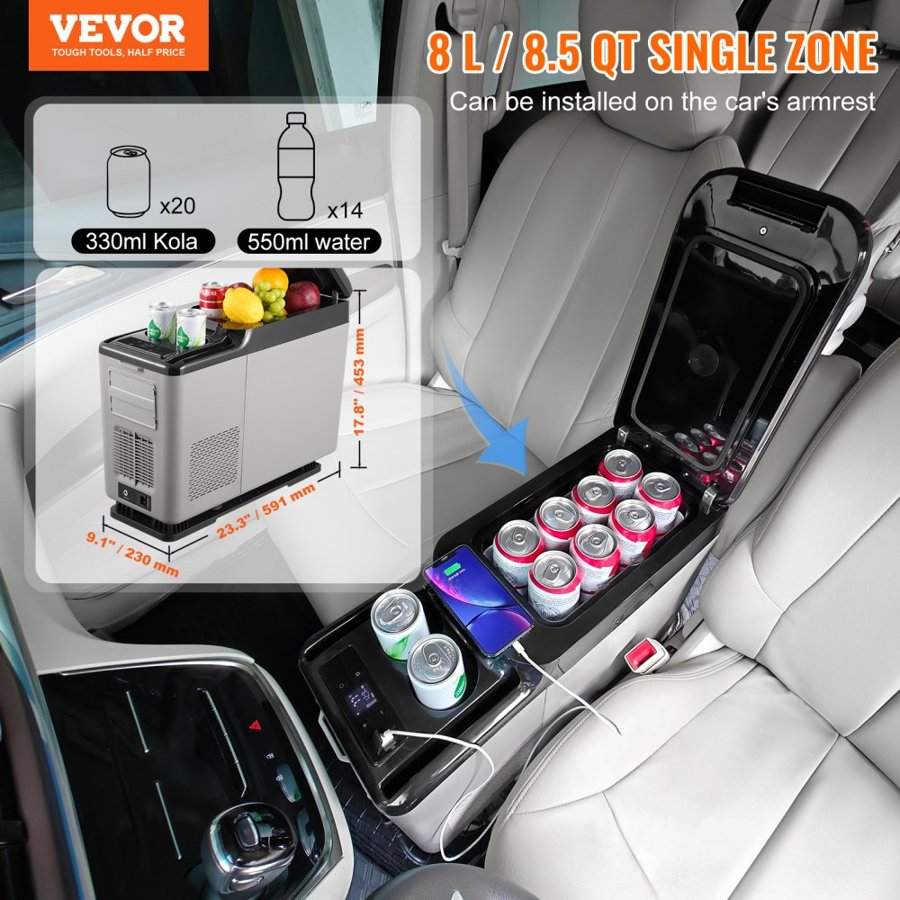 VEVOR Car Armrest Fridge – 15L, -4°F~68°F, 12/24V DC