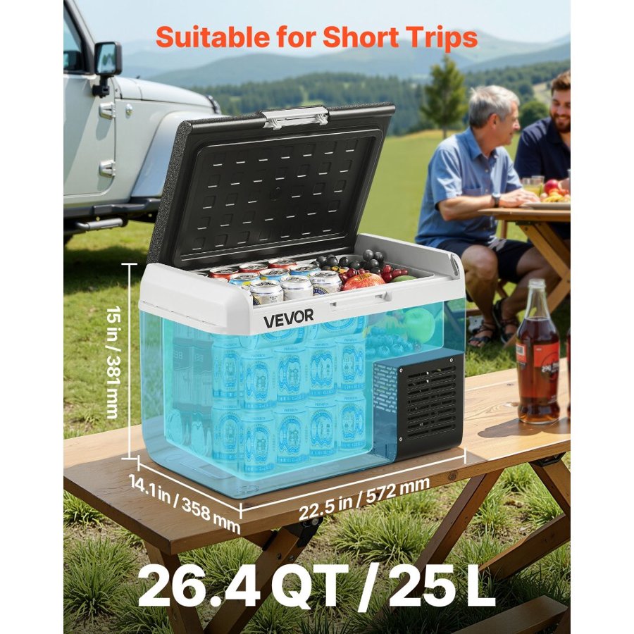 VEVOR 12 Volt Car Refrigerator, 25L Car Fridge, Portable Electric Cooler with -20℃ to 20℃ Adjustable Temperature, 12/24V DC and 100- 240V AC Compressor Freezer for Outdoor, Camping, Travel, RV