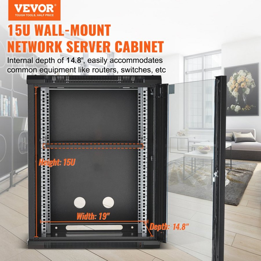 VEVOR 15U Server Cabinet – 18″ Wall Mount, 500 lbs load