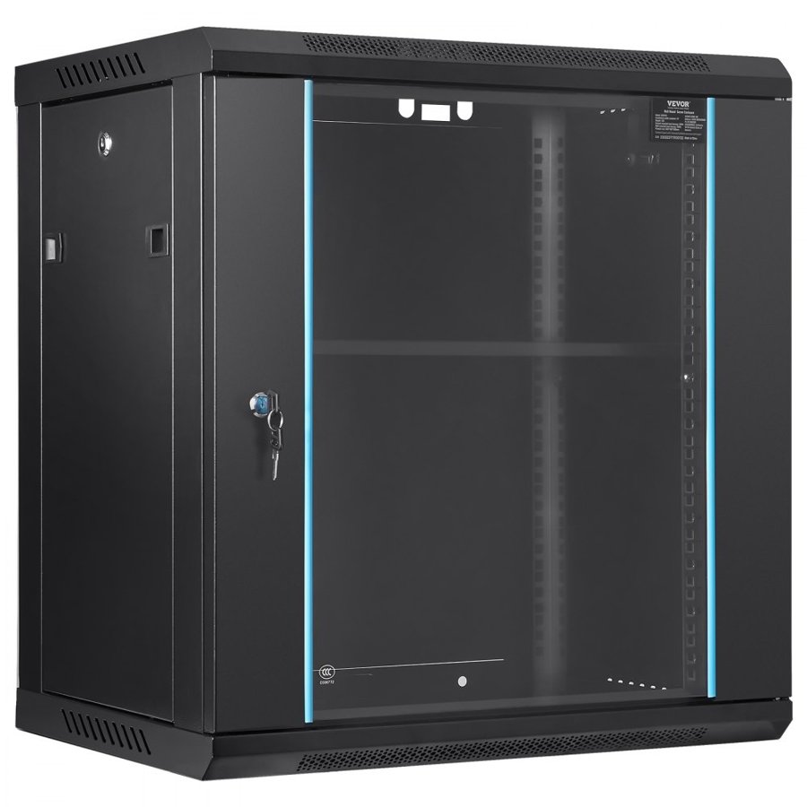 VEVOR 12U Wall Mount Network Server Cabinet, 37.6cm/14.8" Deep, Server Rack Cabinet Enclosure, 90 kg/200 lbs Max. Ground-mounted Load Capacity, with Locking Glass Door Side Panels, for IT Equipment, A/V Devices