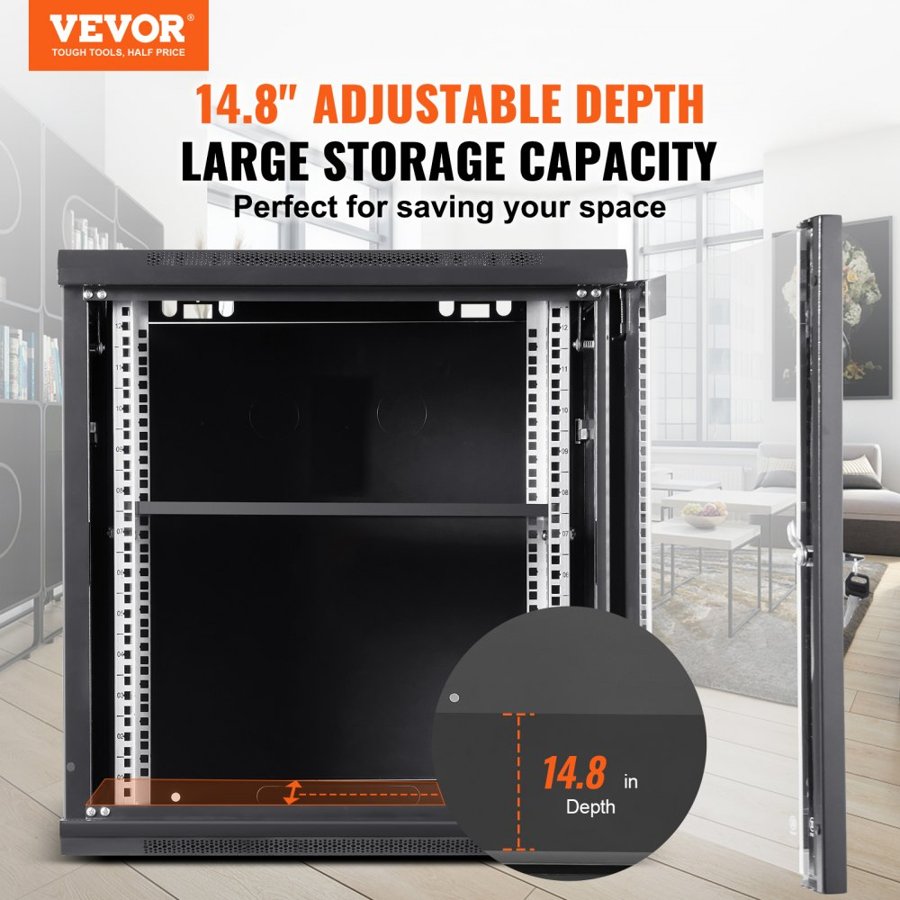 VEVOR 12U Wall Mount Network Server Cabinet, 37.6cm/14.8" Deep, Server Rack Cabinet Enclosure, 90 kg/200 lbs Max. Ground-mounted Load Capacity, with Locking Glass Door Side Panels, for IT Equipment, A/V Devices