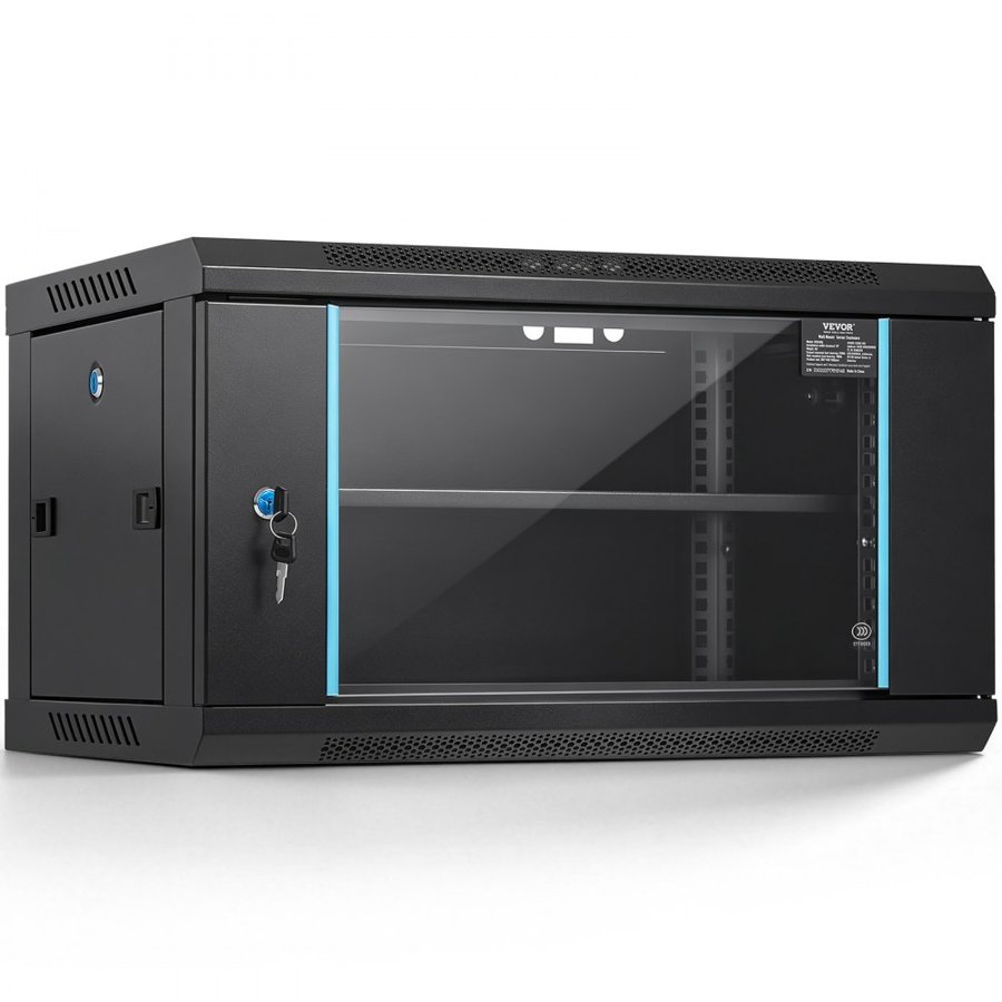 VEVOR 6U Wall Mount Network Server Cabinet, 37.6 cm Deep, Server Rack Cabinet Enclosure, 90.7 kg Max. Ground-mounted Load Capacity, with Locking Glass Door Side Panels, for IT Equipment, A/V Devices