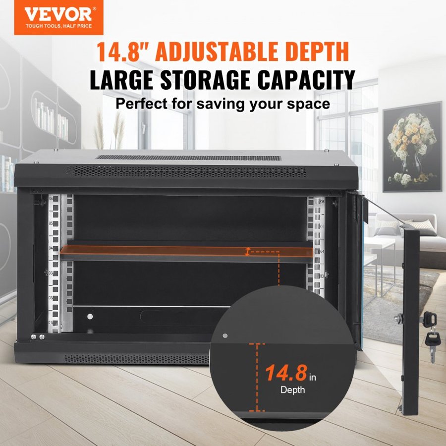 VEVOR 6U Wall Mount Network Server Cabinet, 37.6 cm Deep, Server Rack Cabinet Enclosure, 90.7 kg Max. Ground-mounted Load Capacity, with Locking Glass Door Side Panels, for IT Equipment, A/V Devices