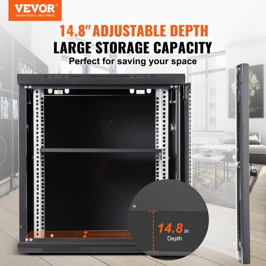 VEVOR 9U Wall Mount Network Server Cabinet, 60x45x50cm, 37.6 cm Deep, Server Rack Cabinet Enclosure, 90.7 kg Max. Ground-mounted Load Capacity, with Locking Glass Door Side Panels, for IT Equipment, A/V Devices