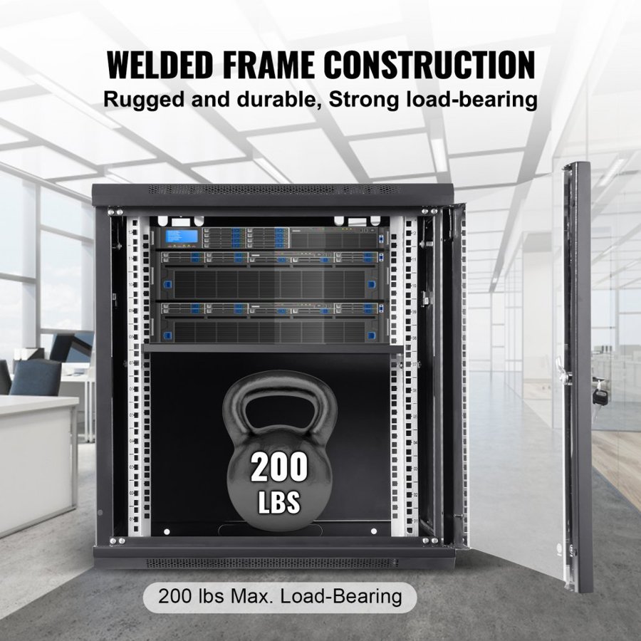 VEVOR 9U Wall Mount Network Server Cabinet, 60x45x50cm, 37.6 cm Deep, Server Rack Cabinet Enclosure, 90.7 kg Max. Ground-mounted Load Capacity, with Locking Glass Door Side Panels, for IT Equipment, A/V Devices