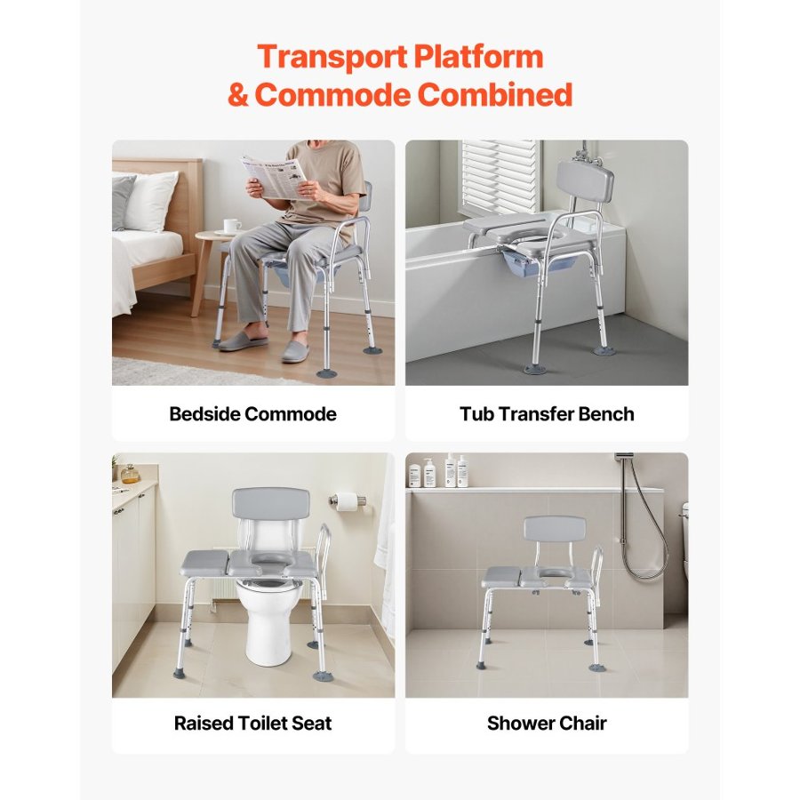 VEVOR Bedside Commode Chair, 227 kg Weight Capacity, 4-in-1 Portable Toilet and Raised Toilet Seat with Padded Seat and Backrest, Detachable 5L Bucket, Adjustable Height Adult Potty Chair for Seniors