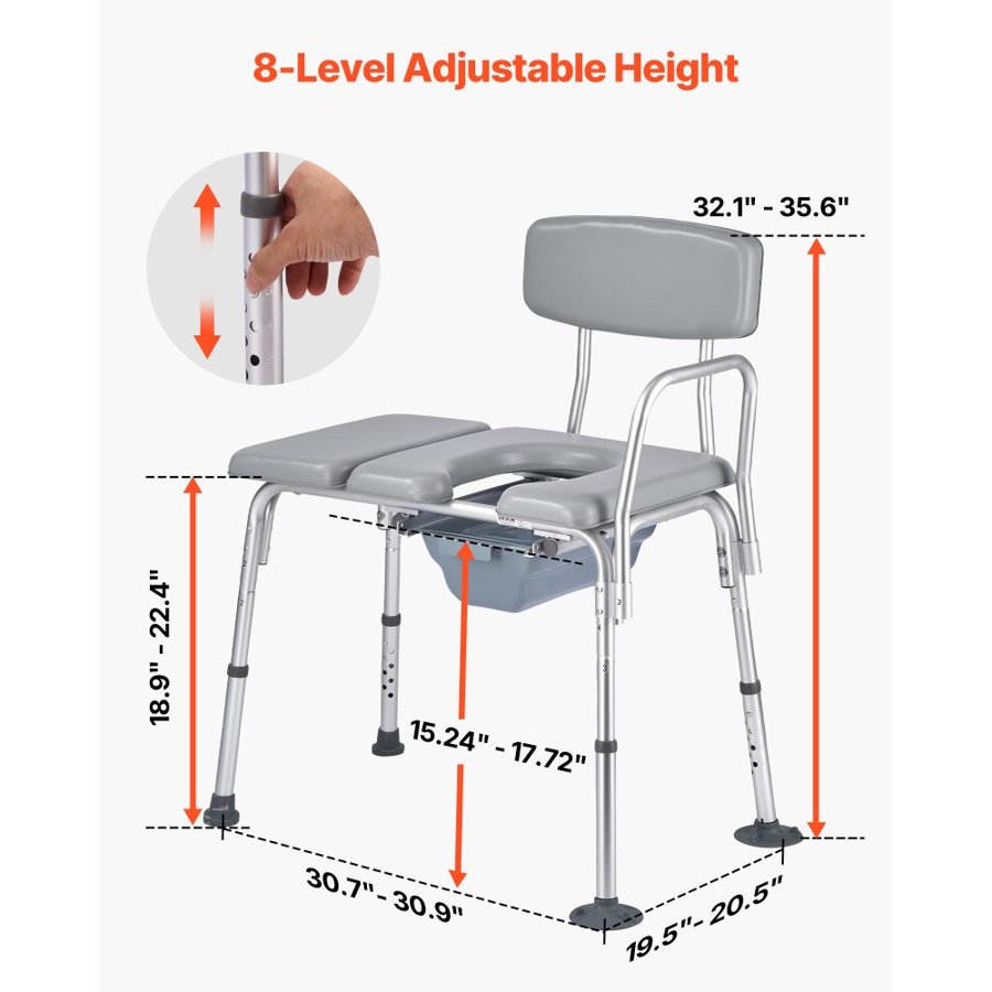 VEVOR Bedside Commode Chair, 227 kg Weight Capacity, 4-in-1 Portable Toilet and Raised Toilet Seat with Padded Seat and Backrest, Detachable 5L Bucket, Adjustable Height Adult Potty Chair for Seniors