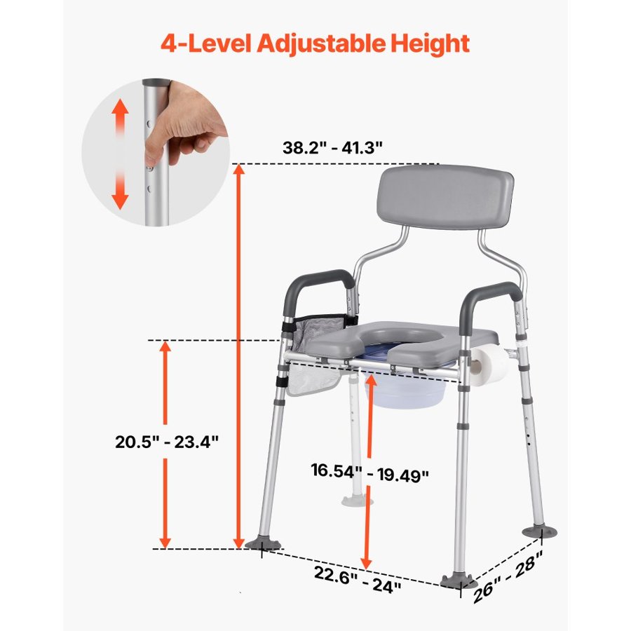 VEVOR Bedside Commode Chair, 227 kg Capacity, 4-in-1 Portable Toilet and Raised Toilet Seat with Padded Seat & Backrest, Detachable 5L Bucket, Adjustable Height & Width Adult Potty Chair for Seniors