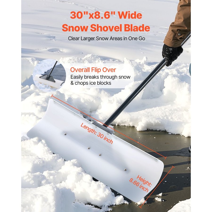 VEVOR Snow Pusher Shovel, 76.2 cm Outdoor Snowplow Shovel with Ergonomic Grip, HDPE Plastic Blade, Winter Shovels with Segmented Handle, Metal Edged Strip, Portable Snow Removal Tool for Driveway