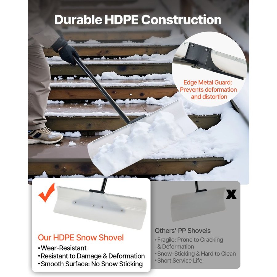 VEVOR Snow Pusher Shovel, 76.2 cm Outdoor Snowplow Shovel with Ergonomic Grip, HDPE Plastic Blade, Winter Shovels with Segmented Handle, Metal Edged Strip, Portable Snow Removal Tool for Driveway