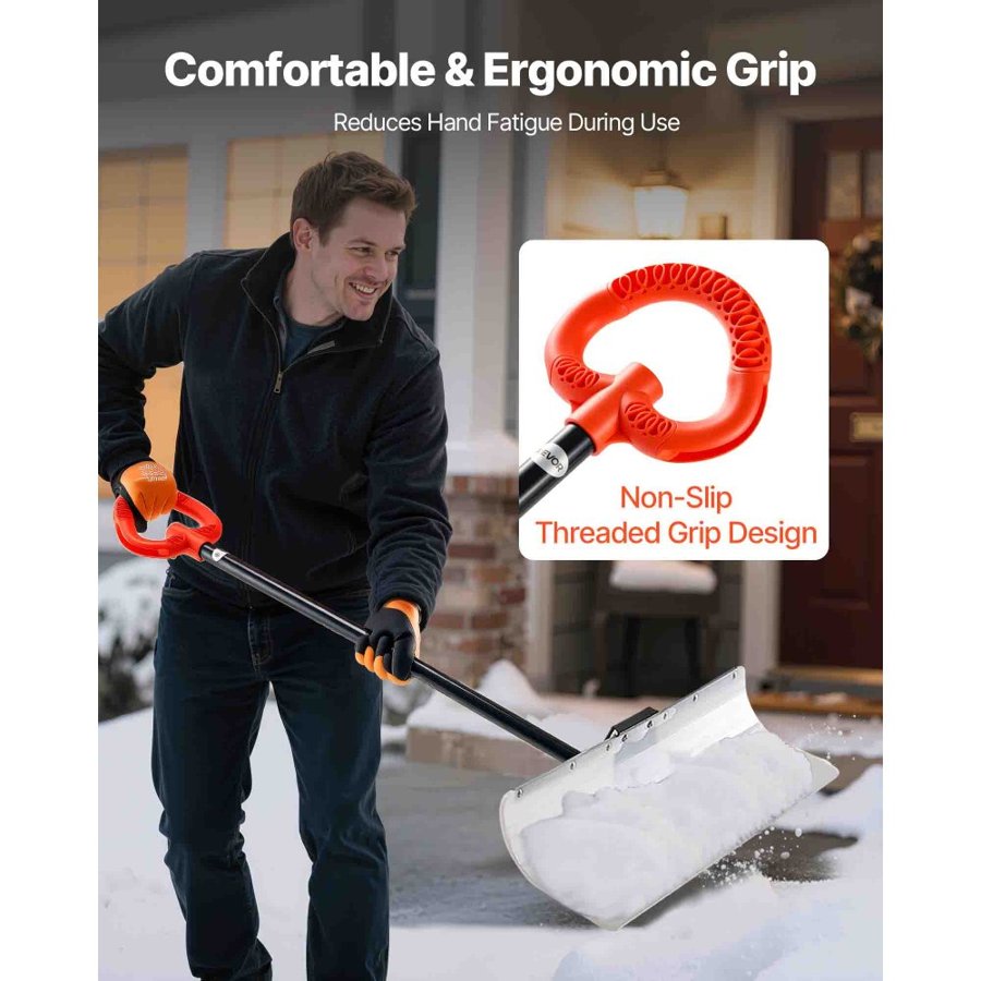 VEVOR Snow Pusher Shovel, 76.2 cm Outdoor Snowplow Shovel with Ergonomic Grip, HDPE Plastic Blade, Winter Shovels with Segmented Handle, Metal Edged Strip, Portable Snow Removal Tool for Driveway