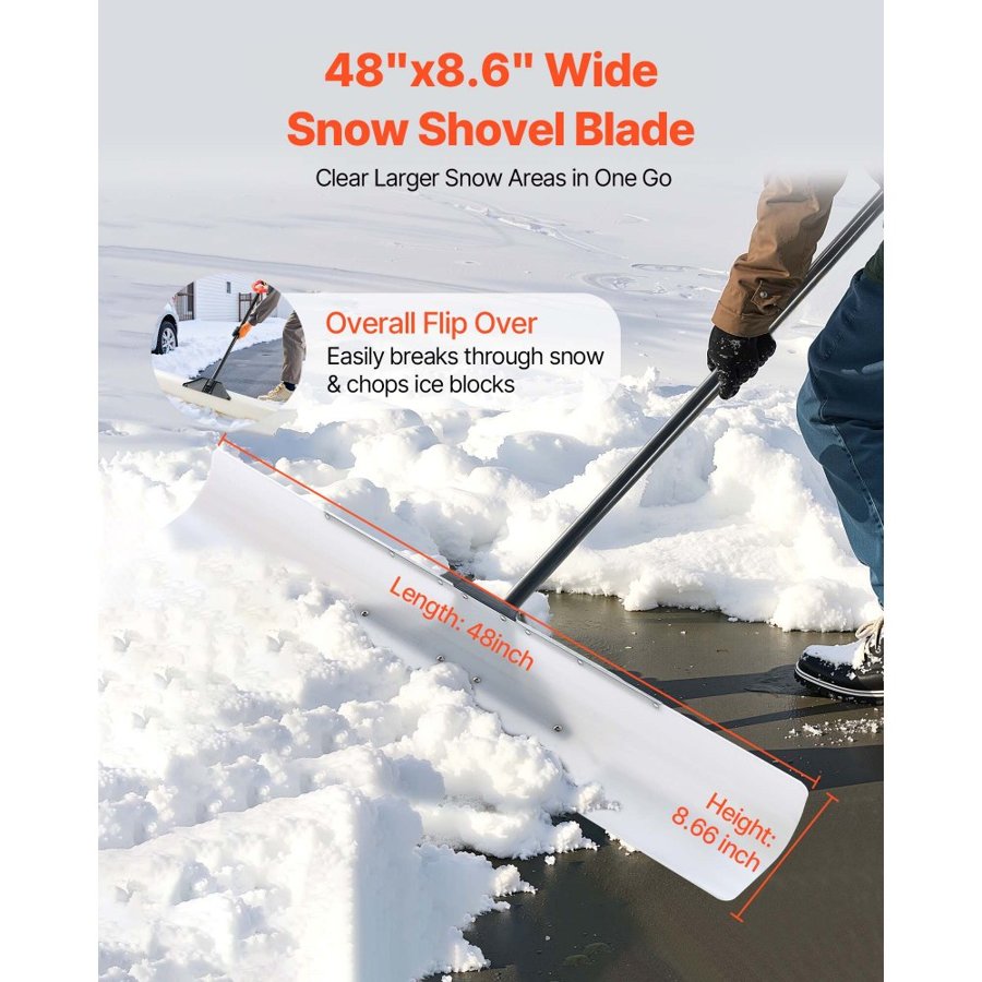 VEVOR Snow Pusher Shovel, 122cm Outdoor Snowplow Shovel with Ergonomic Grip, HDPE Plastic Blade, Winter Shovels with Segmented Handle, Metal Edged Strip, Portable Snow Removal Tool for Driveway Garden