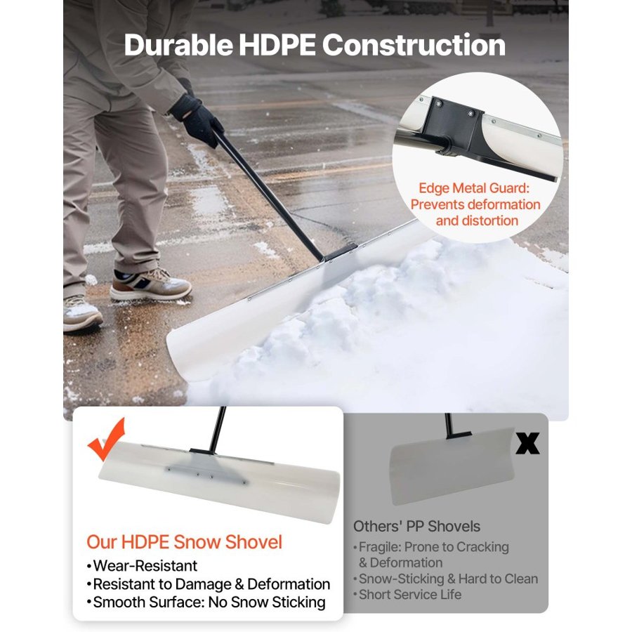 VEVOR Snow Pusher Shovel, 122cm Outdoor Snowplow Shovel with Ergonomic Grip, HDPE Plastic Blade, Winter Shovels with Segmented Handle, Metal Edged Strip, Portable Snow Removal Tool for Driveway Garden