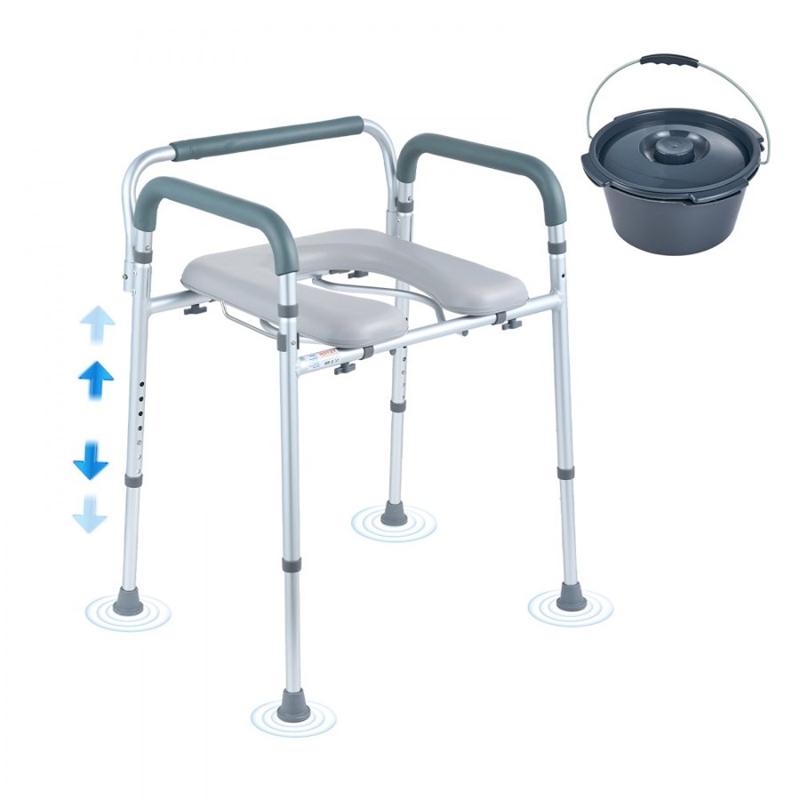 VEVOR Commode Chair, Bedside Commode with Padded Seat and Arms, 7-Level Adjustable Height, 5.8L Removable Bucket, Easy to Assemble, 350 LBS Capacity, Raised Toilet Seat for Adults Seniors