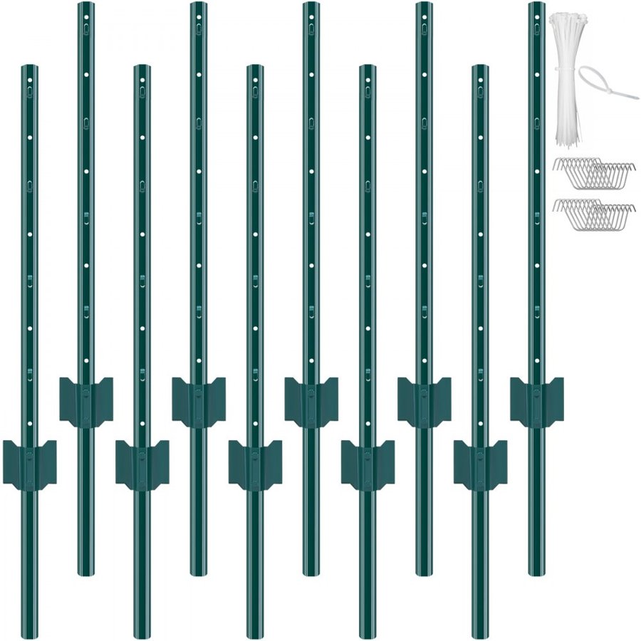 VEVOR 3 Feet Fence Post, 10 Pack U-Channel Heavy Duty Metal Fence Posts, Sturdy Steel Fence Stakes for Garden Yard, Lawn, Farms and Outdoor Wire Fencing, Green