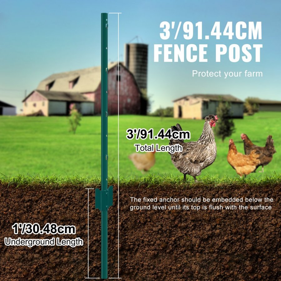 VEVOR 3 Feet Fence Post, 10 Pack U-Channel Heavy Duty Metal Fence Posts, Sturdy Steel Fence Stakes for Garden Yard, Lawn, Farms and Outdoor Wire Fencing, Green