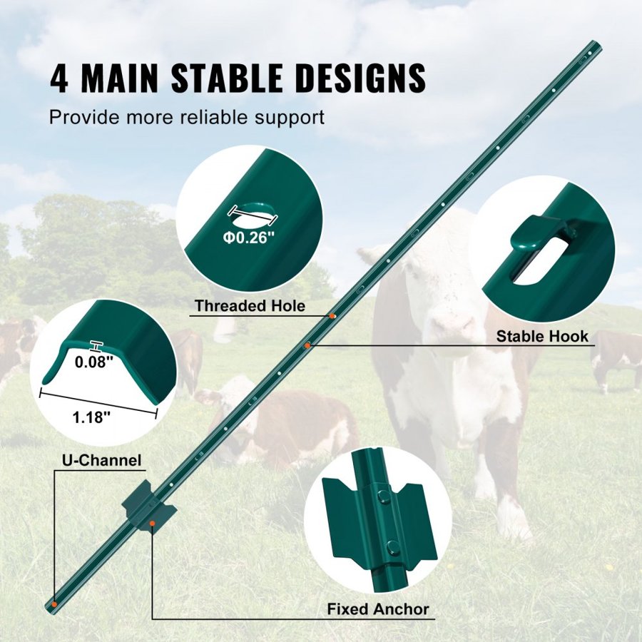 VEVOR 5 Foot Metal Fence Posts – 10 Pack, 5FT, U-Channel