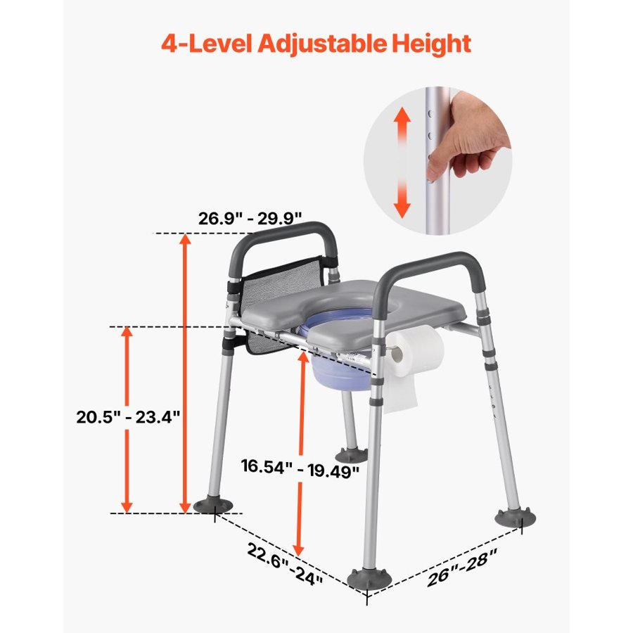 VEVOR Bedside Commode Chair, 227 kg Capacity, 4-in-1 Portable Toilet and Raised Toilet Seat with Padded Seat & Armrest, Detachable 5L Bucket, Adjustable Height & Width Adult Potty Chair for Seniors