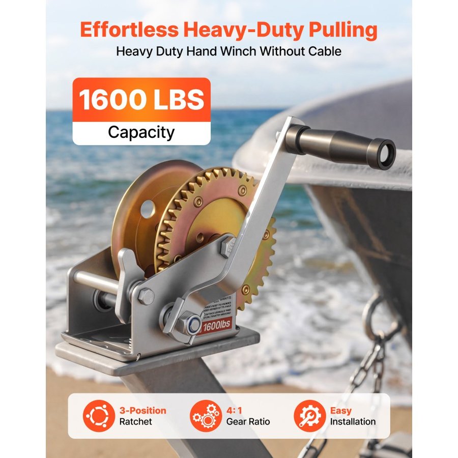 VEVOR Boat Winch, 726 kg Hand Winch, Heavy Duty Manual Rope Crank, Portable Two-Way Ratchet, 4: 1 Gear Ratio, Easy Installation Gear for Boat Trailer ATV Towing