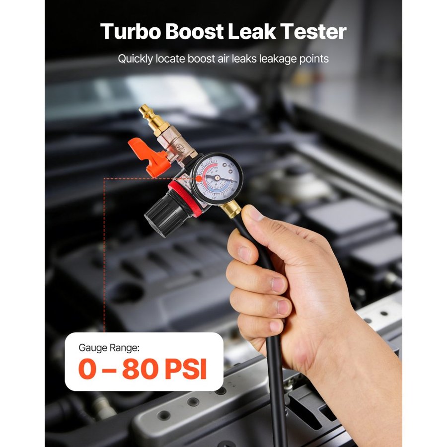 VEVOR Turbo Boost Leak Tester Kit, 0-80 PSI Valve Gauge Range, Turbo System Leakage Tester Set with 4 Pairs of Stepped Adapters & 4 Pairs of Standard Air Fittings for Intercooler & Intake Piping Test