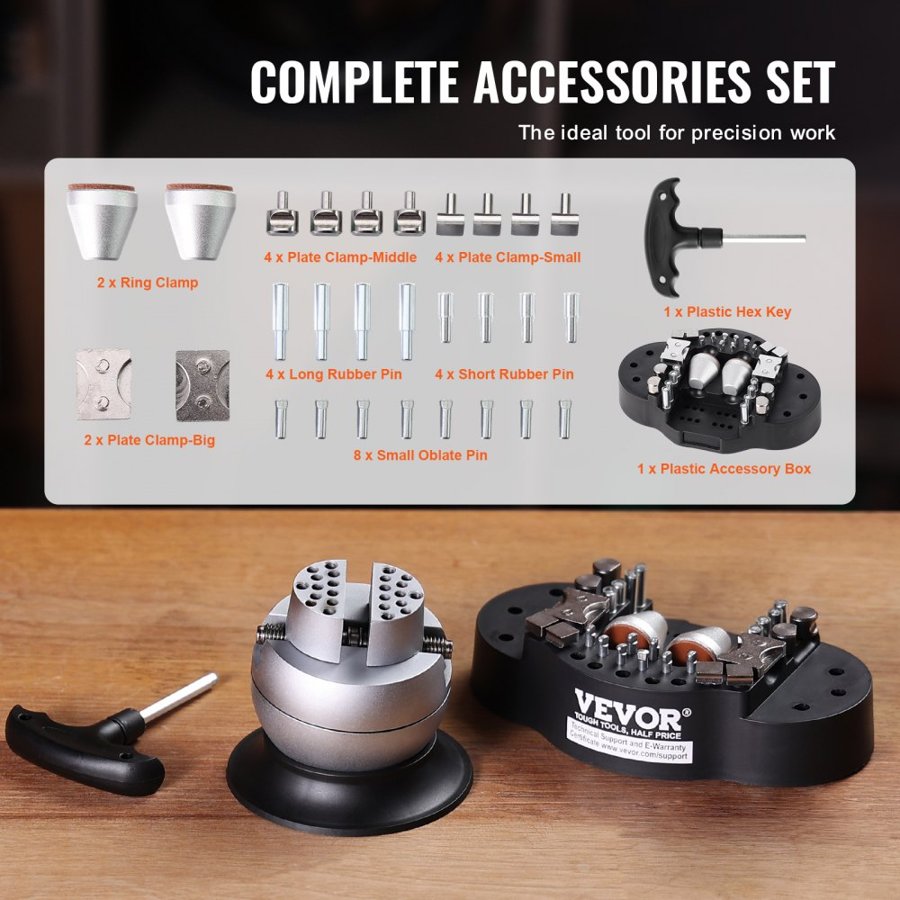 VEVOR Ball Vise, 7.6 cm Engraving Setting Tool, 360° Rotation Engraving Block Vise, 30 PCS Attachment Jewelry Engraving Block Tools Standard Block for Gemstone Inlay and Small-Scale Engraving