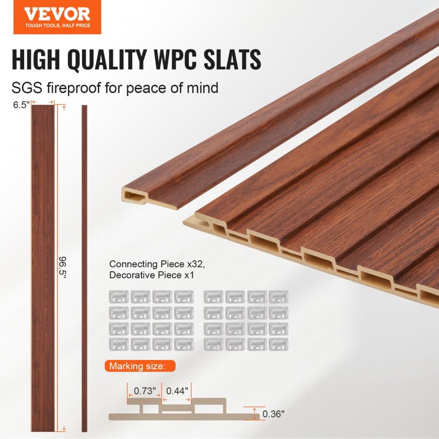 VEVOR Wood Slat Acoustic Panels, 8 PCS 96 x 6 inch, WPC Accent Wooden Wall Panels for Modern Interior Wall, Faux Wood Wall Board Panels for Stylish Decor and Noise Reduction, Black Walnut