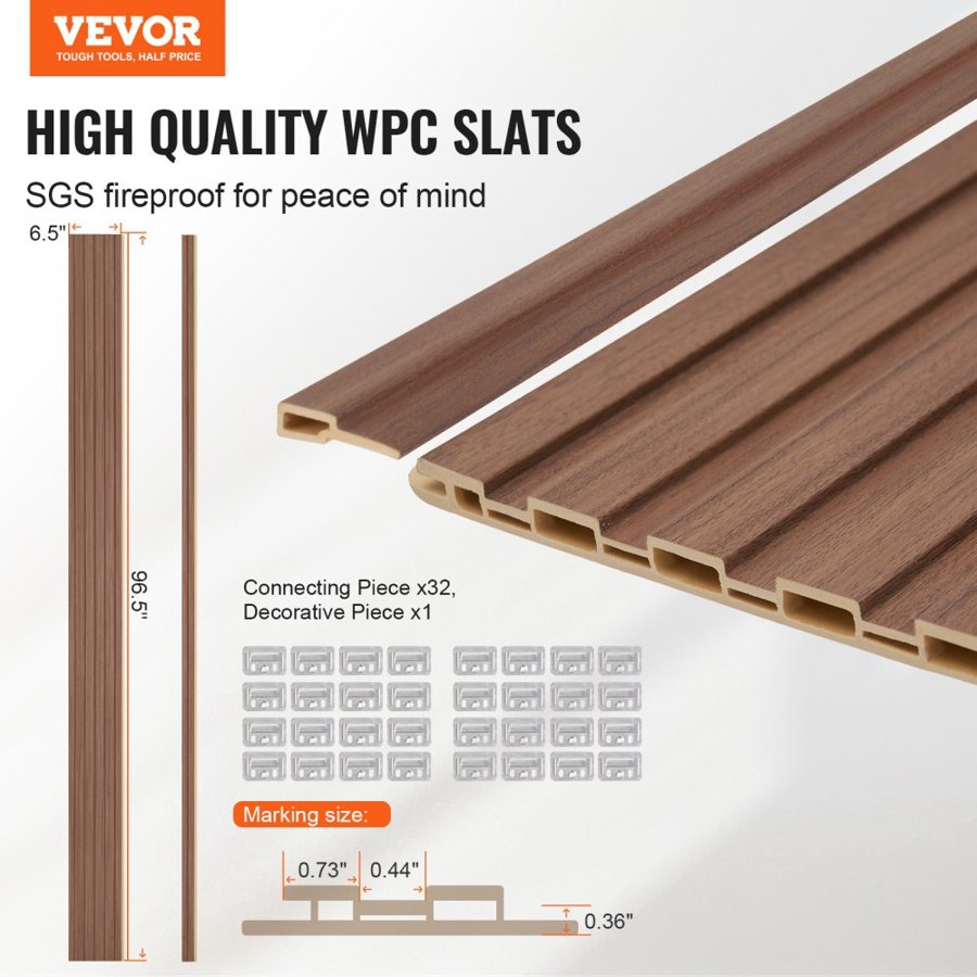 VEVOR Wood Slat Acoustic Panels, 8 PCS 96 x 6 inch, WPC Accent Wooden Wall Panels for Modern Interior Wall, Faux Wood Wall Board Panels for Stylish Decor and Noise Reduction, Grey Oak