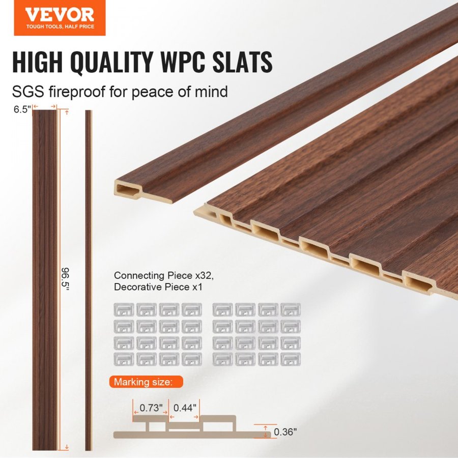 VEVOR Wood Slat Acoustic Panels, 8 PCS 96 x 6 inch, WPC Accent Wooden Wall Panels for Modern Interior Wall, Faux Wood Wall Board Panels for Stylish Decor and Noise Reduction, Dark Teak