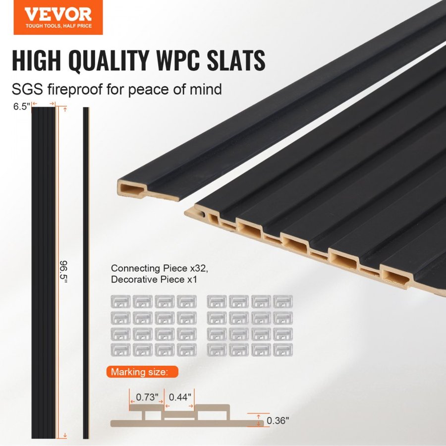 VEVOR Wood Slat Acoustic Panels, 8 PCS 96 x 6 inch, WPC Accent Wooden Wall Panels for Modern Interior Wall, Faux Wood Wall Board Panels for Stylish Decor and Noise Reduction, Matte Black