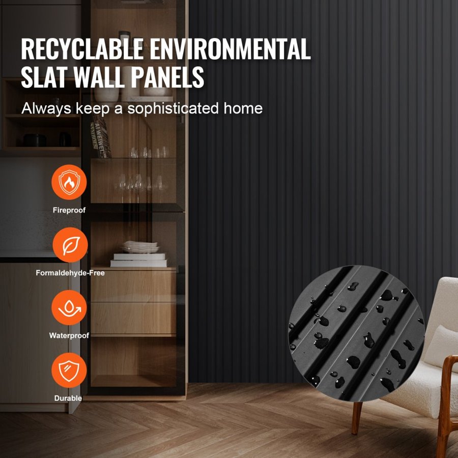 VEVOR Wood Slat Acoustic Panels, 8 PCS 96 x 6 inch, WPC Accent Wooden Wall Panels for Modern Interior Wall, Faux Wood Wall Board Panels for Stylish Decor and Noise Reduction, Matte Black