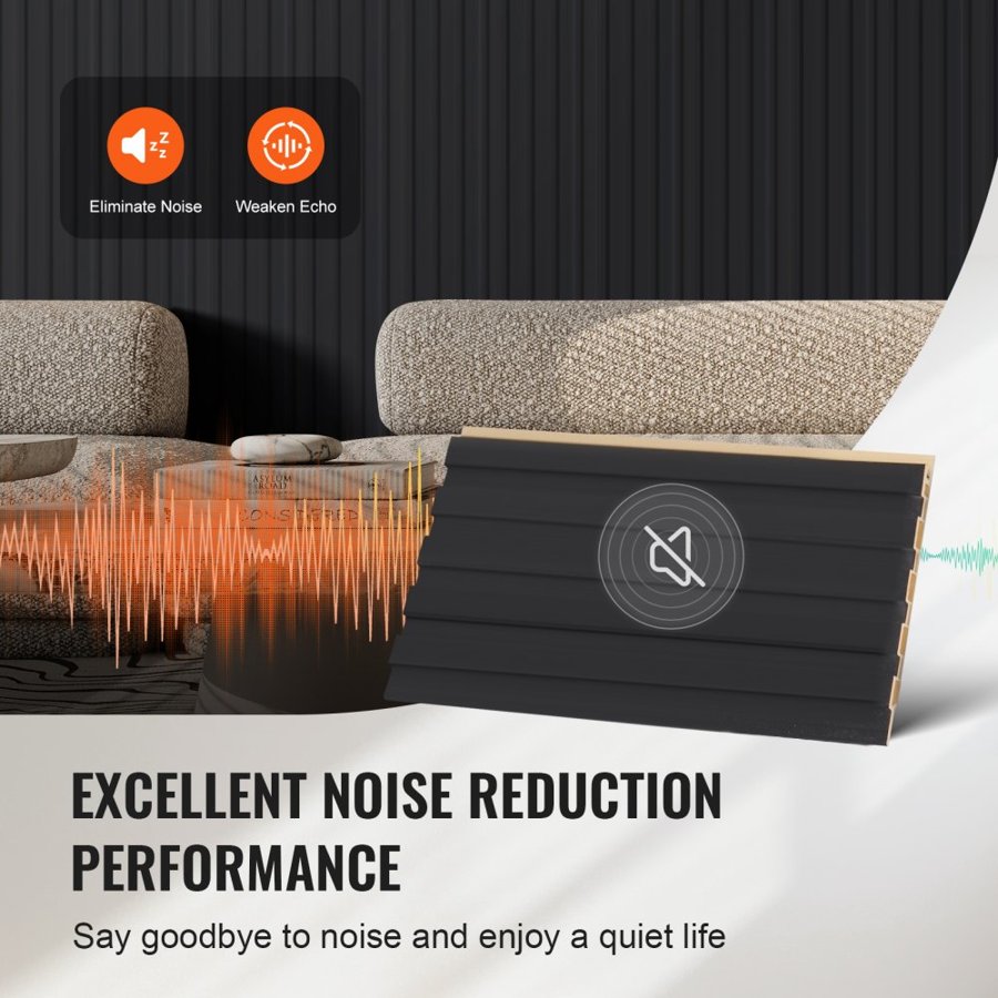 VEVOR Wood Slat Acoustic Panels, 8 PCS 96 x 6 inch, WPC Accent Wooden Wall Panels for Modern Interior Wall, Faux Wood Wall Board Panels for Stylish Decor and Noise Reduction, Matte Black