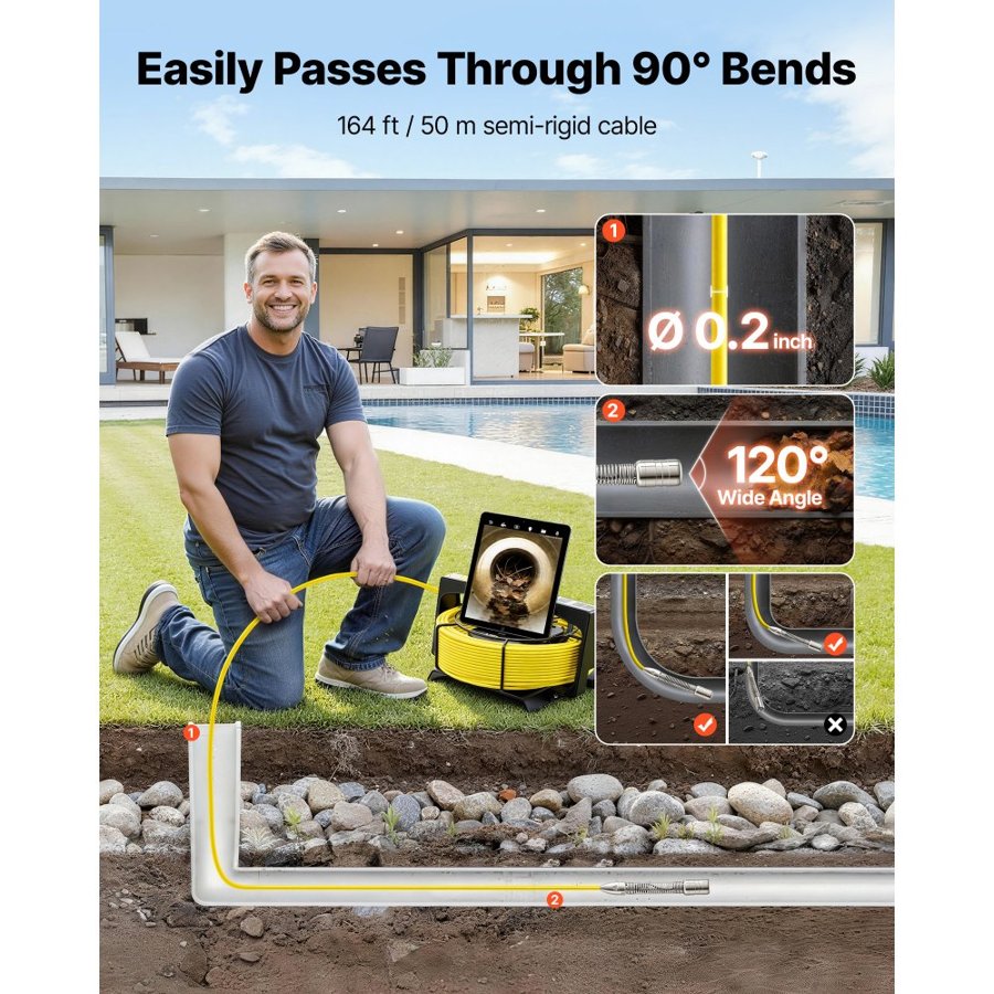 VEVOR WiFi Sewer Camera – 50m Cable, 1080P, 12 LEDs