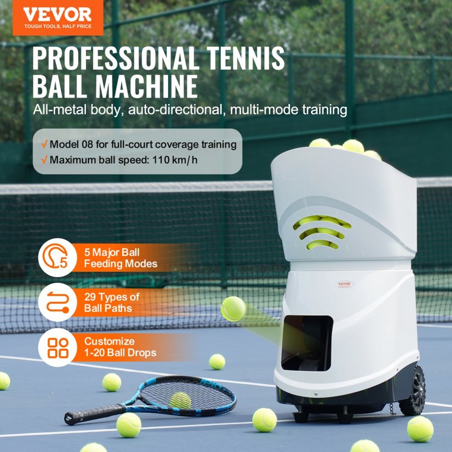 VEVOR Tennis Ball Machine, Automatic Portable Tennis Ball Launcher, 150 Balls Tennis Training Practice Thrower, 5 Motors Multi-Mode Drills, 2+ Hours Play, Rechargeable Battery, App Remote Control