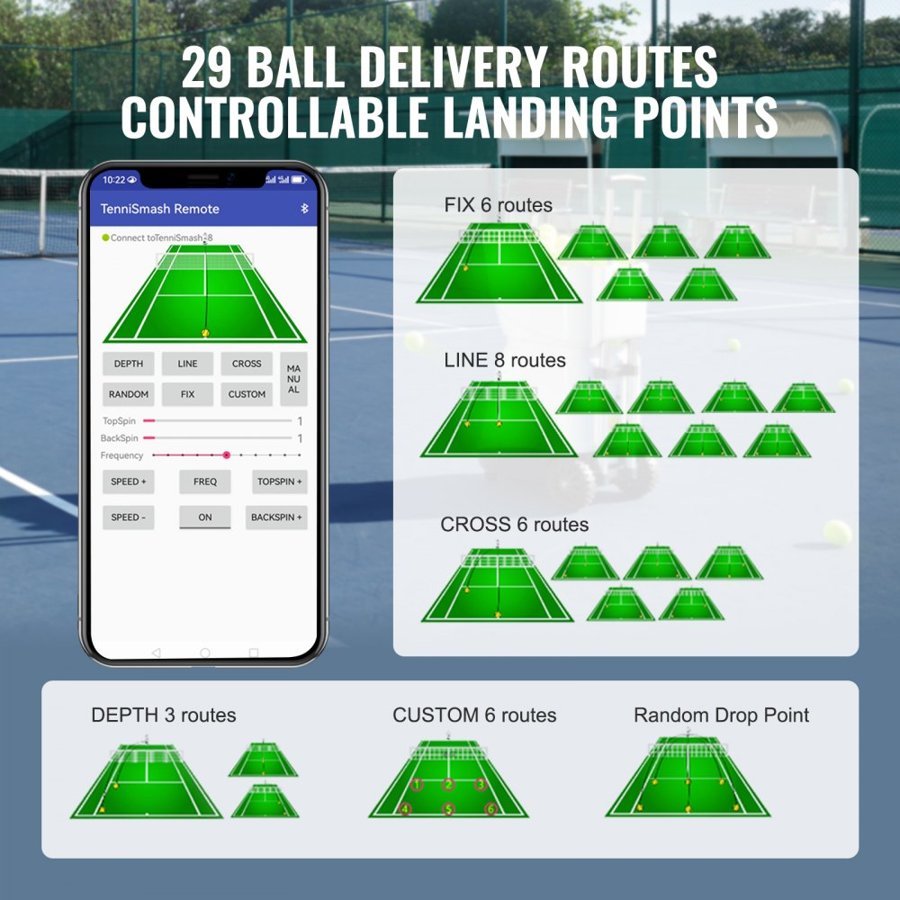 VEVOR Tennis Ball Machine, Automatic Portable Tennis Ball Launcher, 150 Balls Tennis Training Practice Thrower, 5 Motors Multi-Mode Drills, 2+ Hours Play, Rechargeable Battery, App Remote Control