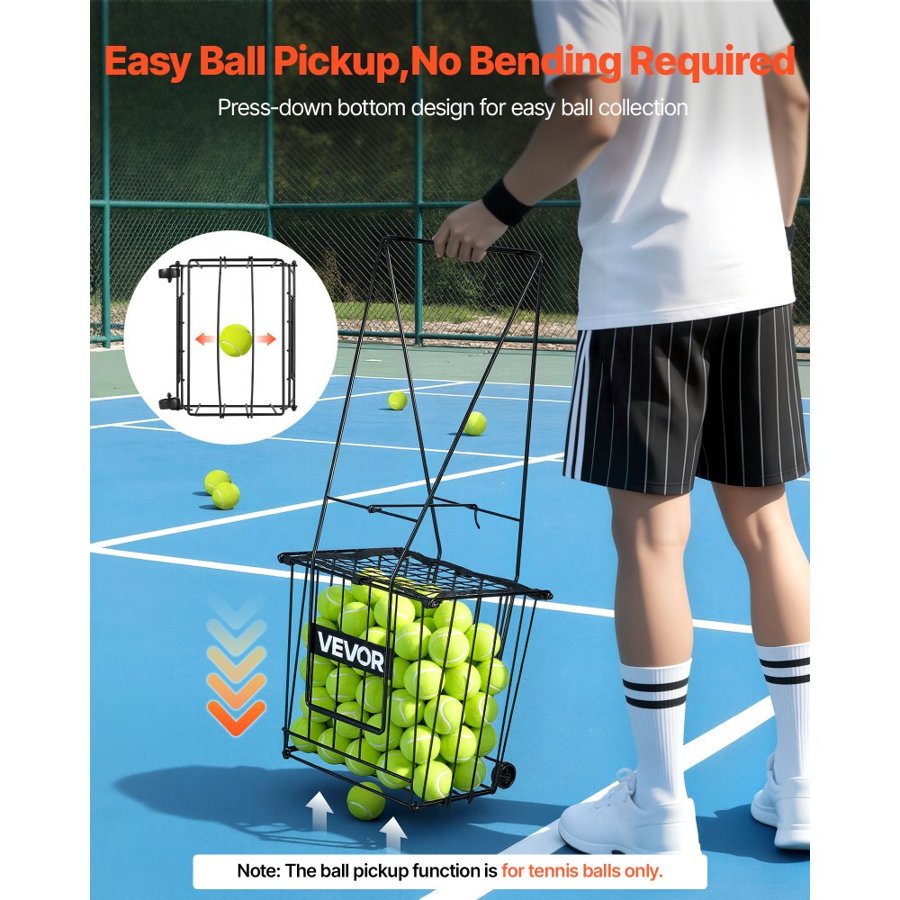 VEVOR Tennis Ball Hopper, Holds 75 Tennis Balls, Pickleball Basket Cart with Wheels for Easy Pick Up, Portable Pickleball Caddy with Heavy-Duty Construction, Handle, for Training Carrying Storage