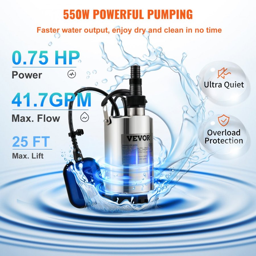 VEVOR Submersible Water Pump, 550W 9500L/H, with 10 m Cord and Automatic Tethered Float Switch, Portable Stainless Steel for Clean, Empty Flooded Area, Swimming Pools, Hot Tubs, for Irrigation
