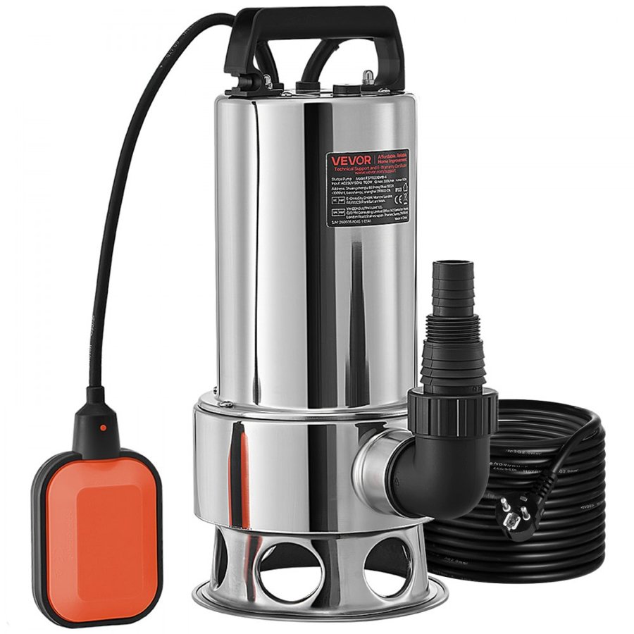 VEVOR Submersible Water Pump, 1300W 20000L/H, with 10 m Cord and Automatic Tethered Float Switch, Stainless Steel and Cast Iron for Dirty or Clean, Empty Garden Ponds, Swimming Pools, Hot Tubs