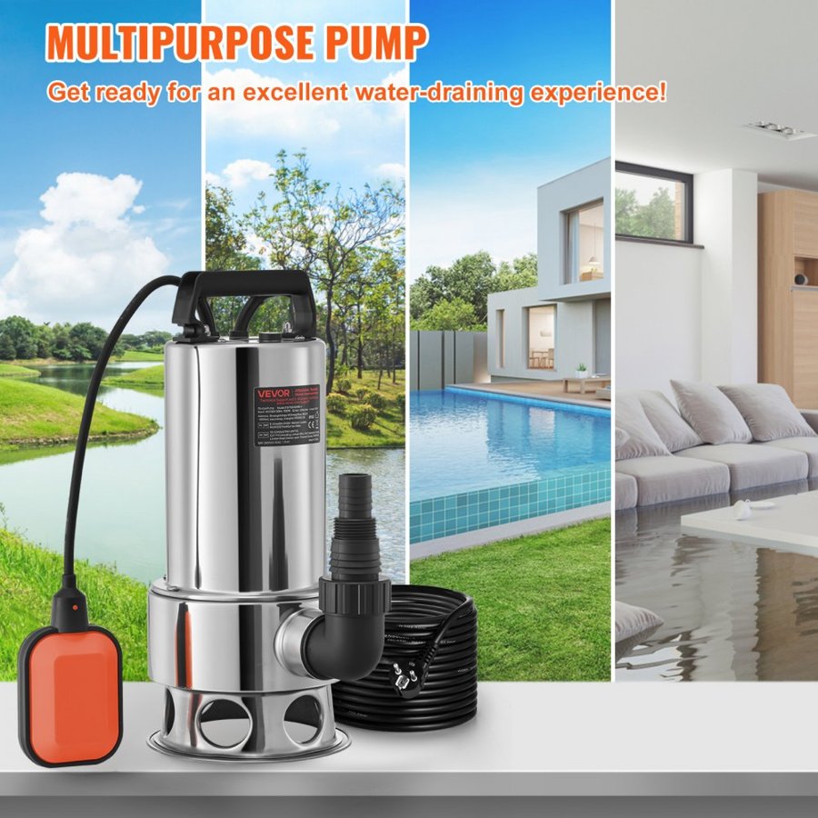 VEVOR Submersible Water Pump, 1300W 20000L/H, with 10 m Cord and Automatic Tethered Float Switch, Stainless Steel and Cast Iron for Dirty or Clean, Empty Garden Ponds, Swimming Pools, Hot Tubs