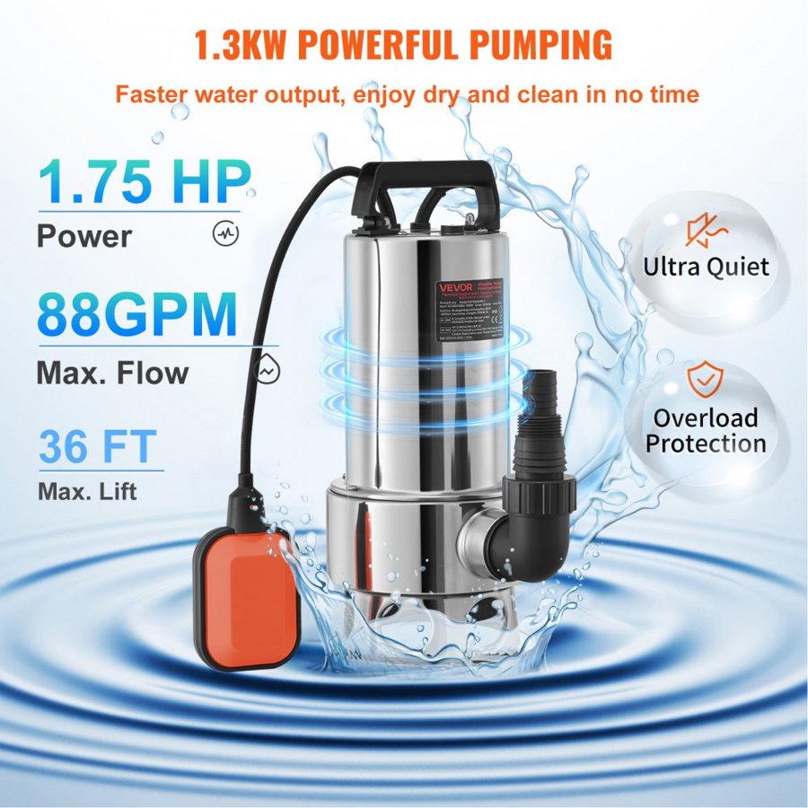VEVOR Submersible Water Pump, 1300W 20000L/H, with 10 m Cord and Automatic Tethered Float Switch, Stainless Steel and Cast Iron for Dirty or Clean, Empty Garden Ponds, Swimming Pools, Hot Tubs