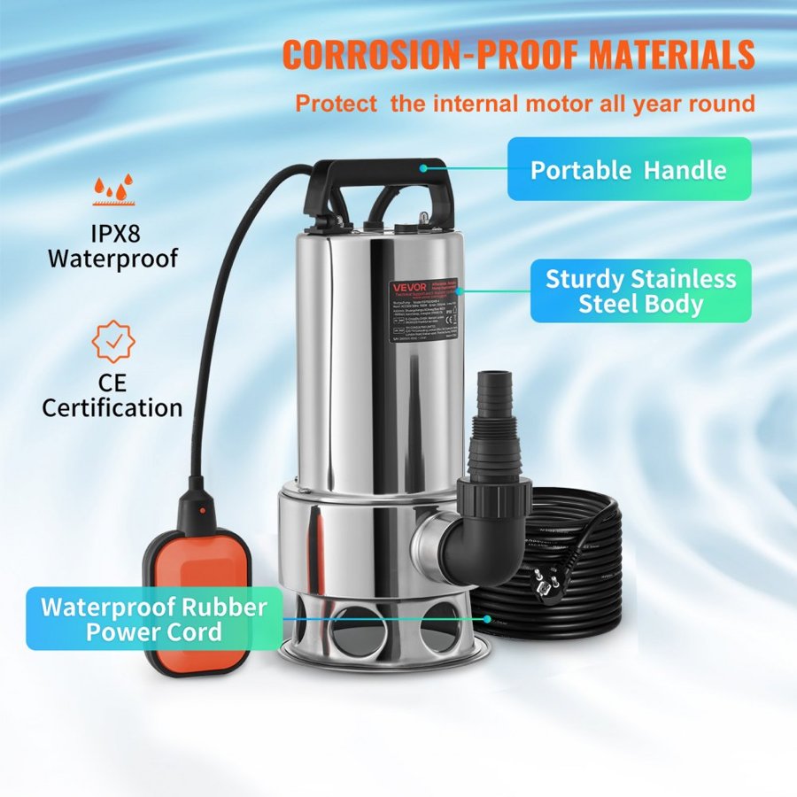 VEVOR Submersible Water Pump, 1300W 20000L/H, with 10 m Cord and Automatic Tethered Float Switch, Stainless Steel and Cast Iron for Dirty or Clean, Empty Garden Ponds, Swimming Pools, Hot Tubs