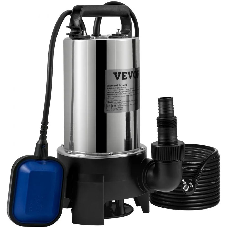 VEVOR Submersible Water Pump, 1100W 20000L/H, with 10 m Cord and Automatic Tethered Float Switch, Portable Stainless Steel for Dirty or Clean, Drain Floods, Empty Garden Ponds, Swimming Pools, Hot Tub