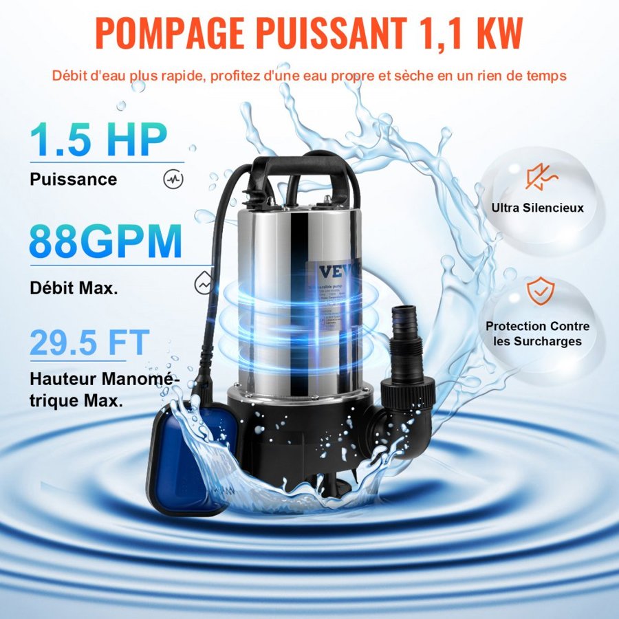 VEVOR Submersible Water Pump, 1100W 20000L/H, with 10 m Cord and Automatic Tethered Float Switch, Portable Stainless Steel for Dirty or Clean, Drain Floods, Empty Garden Ponds, Swimming Pools, Hot Tub