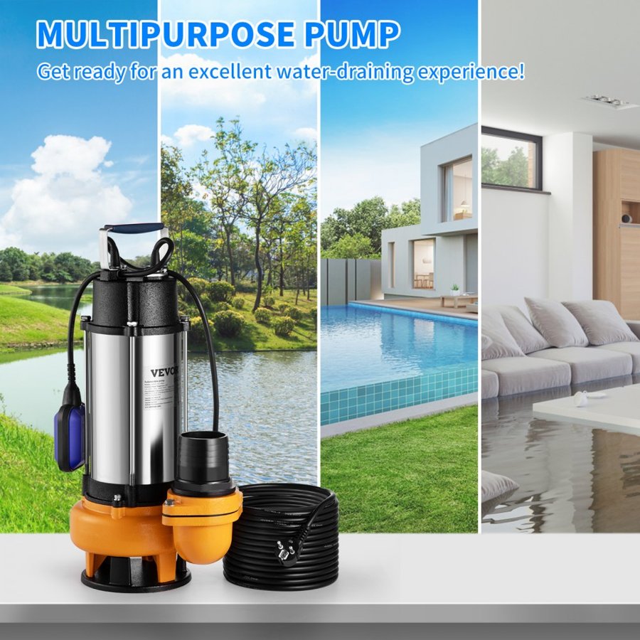 VEVOR Submersible Water Pump, 2200W 60000L/H, with 8 m Cord and Automatic Tethered Float Switch, Portable Stainless Steel for Dirty or Clean, Drain Floods, Empty Garden Ponds, Swimming Pools, Hot Tub