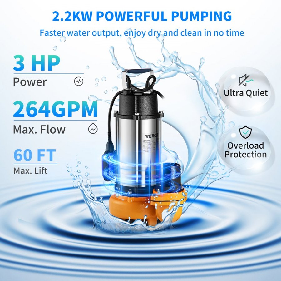 VEVOR Submersible Water Pump, 2200W 60000L/H, with 8 m Cord and Automatic Tethered Float Switch, Portable Stainless Steel for Dirty or Clean, Drain Floods, Empty Garden Ponds, Swimming Pools, Hot Tub