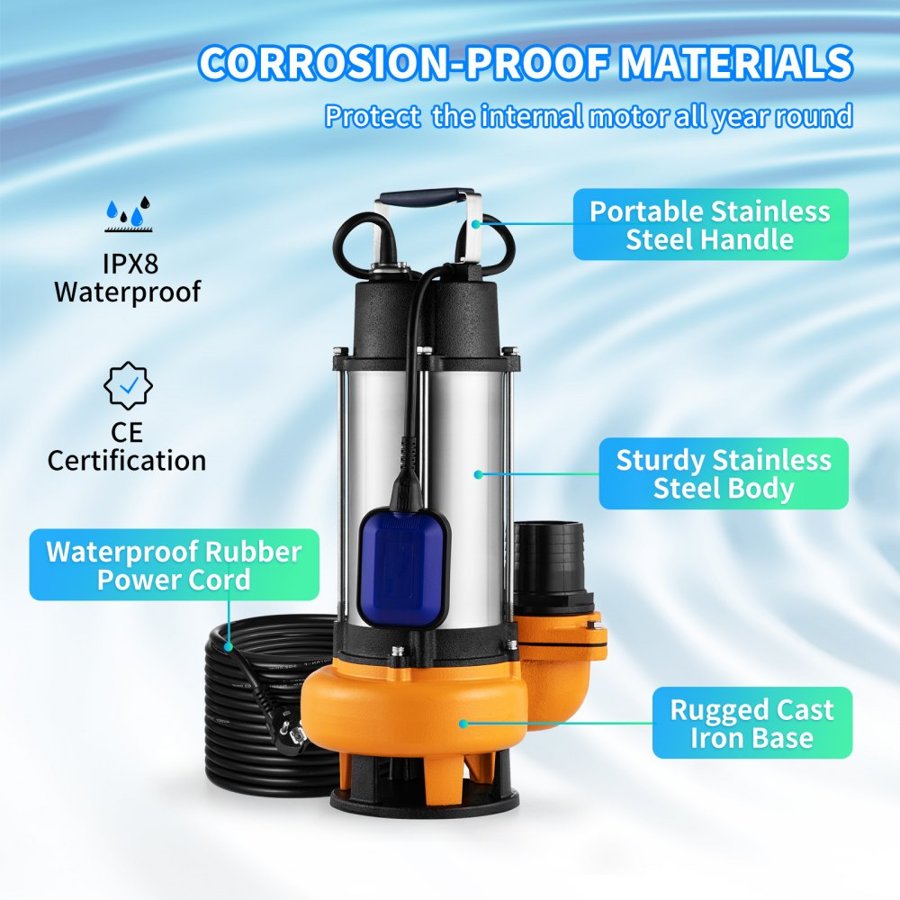 VEVOR Submersible Water Pump, 2200W 60000L/H, with 8 m Cord and Automatic Tethered Float Switch, Portable Stainless Steel for Dirty or Clean, Drain Floods, Empty Garden Ponds, Swimming Pools, Hot Tub