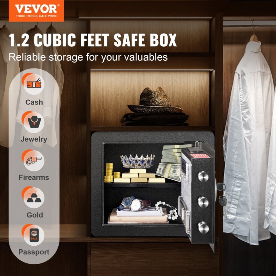VEVOR Safe, 33.9 L Home Safe, Steel Security Safe with Digital Keypad and 2 Keys, Cabinet Safe with Fire-proof Bag, Protect Cash, Gold, Jewelry, Documents for Home, Hotel, 40.1 x 30.0 x 35.1 cm