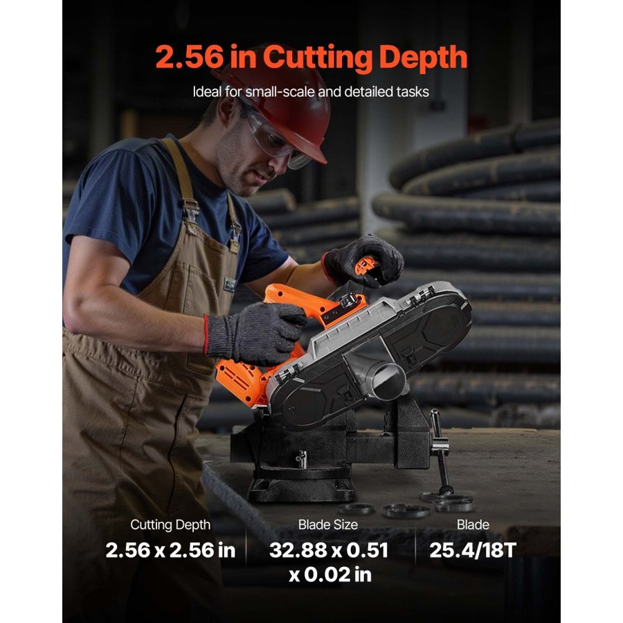 VEVOR Portable Band Saw, 65 x 65 mm Cutting Depth, 360W Bandsaw with Brushless Motor, Cordless and Compact Portaband, Integrated Hang Hooks, 0-192 m/min Variable Speed for Cutting Metal, Wood (Bare Tool)