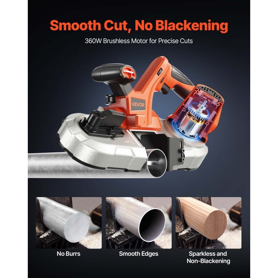 VEVOR Portable Band Saw, 65 x 65 mm Cutting Depth, 360W Bandsaw with Brushless Motor, Cordless and Compact Portaband, Integrated Hang Hooks, 0-192 m/min Variable Speed for Cutting Metal, Wood (Bare Tool)