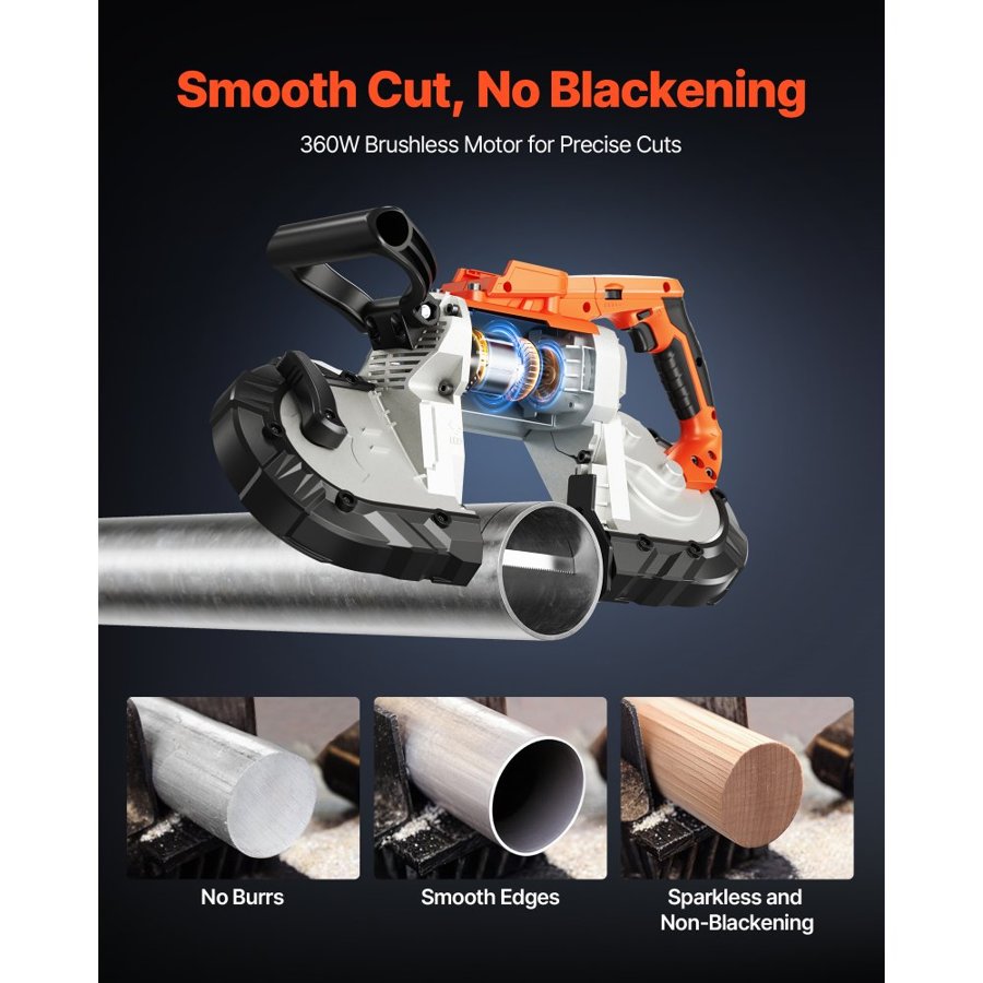 VEVOR Portable Band Saw, 127 mm x 115 mm Cutting Depth, 360W Bandsaw with Brushless Motor, Cordless and Compact Portaband, Hang Hooks, 0-120 m/min Variable Speed for Cutting Metal, Wood (Bare Tool Only)